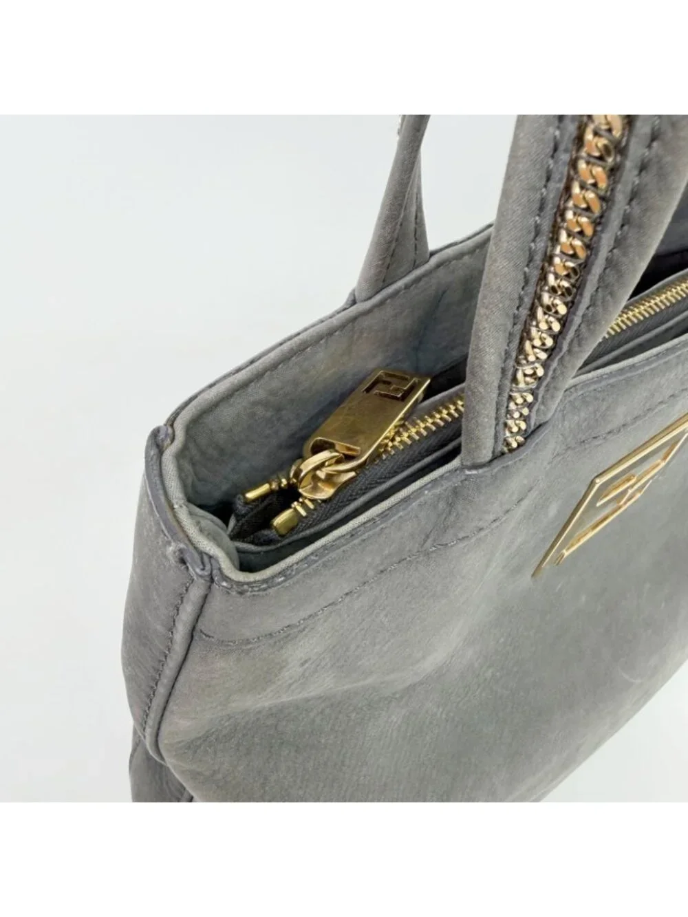 Fendi Nubuck FF Chain Tote Bag Leather Gray Gold Vintage